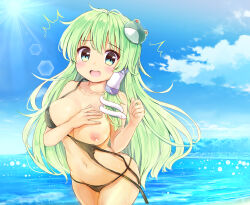 1girl :o \||/ arm_up bare_shoulders beach bikini black_bikini blue_sky blush breasts cleavage collarbone commentary commission cowboy_shot dated day fingernails frog_hair_ornament green_eyes green_hair hair_ornament hand_on_own_chest highres kochiya_sanae large_breasts long_hair long_sleeves looking_at_viewer navel nipples open_mouth outdoors ramudia_(lamyun) skeb_commission sky snake_hair_ornament solo standing stomach sun sunlight swimsuit thighs tongue touhou wardrobe_malfunction water