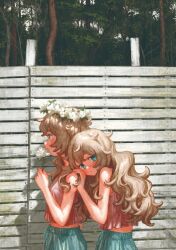 Rule 34 | 2girls, absurdres, blonde hair, blue eyes, blue pants, blush, fence, flower, flower wreath, from side, hands on another&#039;s shoulders, highres, holding, holding flower, looking at viewer, multiple girls, original, outdoors, pants, profile, siblings, sleeveless, tree, turning head, twins, wavy hair, yoshizawa takuma