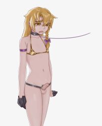 1boy absurdres bikini black_gloves blonde_hair bow braid commentary_request cookie_(touhou) cowboy_shot erection foreskin genderswap genderswap_(ftm) gloves gold_bikini hair_bow highres kirisame_marisa leash long_hair male_focus nari-14 navel open_mouth penis phimosis purple_bow rei_(cookie) side_braid simple_background single_braid solo swimsuit testicles touhou trap uncensored variant_set white_background yellow_eyes