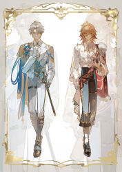 2boys absurdres aiguillette alternate_costume antenna_hair ascot black_boots black_pants black_shoes blonde_hair blue_eyes boots braid chinese_commentary closed_eyes collared_shirt commentary_request cup facial_tattoo frilled_shirt frills gloves gradient_hair hair_between_eyes highres holding holding_cup honkai:_star_rail honkai_(series) iron_hailai jacket knee_boots long_sleeves male_focus medium_hair multicolored_hair multiple_boys mydei_(honkai:_star_rail) open_clothes open_jacket pants parted_bangs phainon_(honkai:_star_rail) red_hair red_tattoo shirt shoes short_hair side_braid tattoo white_ascot white_gloves white_hair white_jacket white_shirt