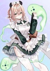 1girl absurdres animal_ears apron back_bow barcode blush bow brown_hair clipboard closed_mouth dress frilled_dress frills ghost green_dress green_eyes hair_between_eyes hair_ribbon hat highres holding holding_clipboard id_card indie_virtual_youtuber long_sleeves nimi_nightmare nurse_cap ribbon sakuta1221pc solo tapir_ears tapir_girl thighhighs virtual_youtuber white_apron white_bow white_ribbon white_thighhighs
