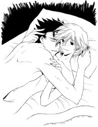 Rule 34 | 2boys, bed, blush, fai d. flowright, kurogane, lying, monochrome, multiple boys, pillow, tsubasa chronicle, yaoi