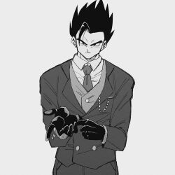 1boy black_eyes black_hair dragon_ball dragon_ball_super formal_clothes gloves happy looking_at_viewer necktie potential_unleashed serious smile solo son_gohan suit ultimate_gohan