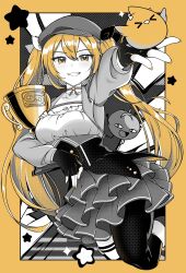 Rule 34 | 1girl, asymmetrical legwear, bird, blonde hair, breasts, chicken, collarbone, dokibird (vtuber), dokibird (vtuber) (retro doki), dokibird (vtuber) (tomato), frilled skirt, frills, gamer supps, grin, hat, highres, holding, holding trophy, indie virtual youtuber, long hair, partially colored, sheishii, single leg pantyhose, skirt, smile, star (symbol), trophy, twintails, virtual youtuber, yellow eyes, yellow nails