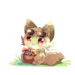 :3 animal_focus coconut commentary dot_nose drinking drinking_straw eyewear_on_head flower hibiscus highres nintendo no_humans pokemon pokemon_(creature) red_eyes revision shadow simple_background sitting sprigatito sunglasses symbol-only_commentary tail white_background yellow_flower yupo_0322