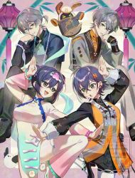 &gt;_&lt; 2boys 2girls :d :o antenna_hair arm_up artist_name bamboo bangboo_(zenless_zone_zero) bead_bracelet bead_necklace beads belle_(delicate_daylight)_(zenless_zone_zero) belle_(zenless_zone_zero) bird black_pants black_shirt black_shoes black_shorts blue_hair blue_jacket border bracelet breasts changpao china_dress chinese_clothes clothing_cutout commentary_request cropped_jacket crossed_bangs crossed_legs double_bun dress dress_over_shirt dual_persona earrings eous_(zenless_zone_zero) fingernails food-themed_hair_ornament gradient_clothes gradient_dress gradient_sleeves gradient_thighhighs green_eyes grey_eyes grey_hair grey_pants grey_shirt hair_between_eyes hair_bun hair_ornament hand_up heterochromia high_heels highres jacket jewelry lantern leg_up letter_hair_ornament long_sleeves looking_at_another looking_at_viewer mandarin_collar medium_breasts multiple_boys multiple_girls nail_polish narahazime necklace official_alternate_costume open_mouth orange_dress orange_shirt outside_border pants pantyhose paper_lantern parted_lips peach_hair_ornament pelvic_curtain pink_nails pink_thighhighs puffy_shorts purple_border shirt shoes short_hair short_shorts shorts sidelocks smile standing standing_on_one_leg tassel thighhighs twitter_username v-shaped_eyebrows watermark white_dress white_pantyhose white_thighhighs wise_(soaring_crane)_(zenless_zone_zero) wise_(zenless_zone_zero) yellow_nails zenless_zone_zero