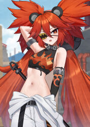 1girl absurdres bare_shoulders bear_ear_hairband black_gloves black_sports_bra blush breasts eyepatch flame_print gloves hammer highres koleda_belobog loli long_hair looking_at_viewer nassss navel open_mouth pants red_eyes red_hair small_breasts solo sports_bra twintails white_pants zenless_zone_zero