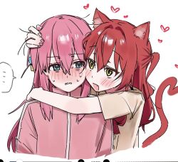 ... 2girls animal_ears arm_around_neck art_program_in_frame blue_eyes blush bocchi_the_rock! brown_shirt cat_ears cat_girl cat_tail fang gotoh_hitori green_eyes hand_on_another&#039;s_head heart hug hug_from_behind jacket kemonomimi_mode kita_ikuyo long_hair multiple_girls natari_(r161koevytjqxo) nervous_sweating open_mouth pink_hair pink_jacket school_uniform shirt short_sleeves shuka_high_school_uniform simple_background skin_fang spoken_ellipsis sweat tail track_jacket white_background yuri