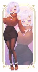 1girl bangohan_tsubuyakitarou black_skirt breasts brown_shoes clothing_cutout cocoa_bean grey_hair hair_ornament hand_on_own_chest heart heart_necklace high-waist_skirt highres indie_virtual_youtuber jewelry kokoa_amethyst long_sleeves necklace open_mouth orange_sweater pantyhose purple_eyes second-party_source shoes short_hair shoulder_cutout skirt smile sweater virtual_youtuber