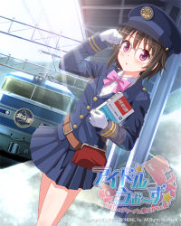 Rule 34 | 10s, 1girl, 2015, adjusting eyewear, bag, belt, blue hat, blue skirt, book, bow, brown hair, company name, copyright name, day, dutch angle, electric locomotive, female focus, glasses, gloves, handbag, hat, idol wars z, lens flare, locomotive, miku tono, official art, outdoors, peaked cap, pink bow, purple eyes, skirt, solo, standing, train, train attendant, train station, travel attendant, uniform, watermark, white gloves