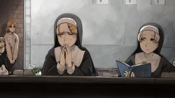 5girls bible_(object) bird blonde_hair blue_eyes body_writing brown_hair chicken closed_eyes clumsy_nun_(diva) commentary diva_(hyxpk) duck english_commentary froggy_nun_(diva) grey_hair grey_shirt highres little_nuns_(diva) mole mole_on_cheek mole_under_mouth multiple_girls nun praying shirt smug_nun_(diva) strict_nun&#039;s_mother_(diva) strict_nun_(diva) traditional_nun