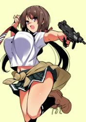 bouncing_breasts breasts clothes_around_waist front-tie_top gen_(black_factory) gun highres large_breasts machine_pistol midriff navel open_mouth original school_uniform skirt solo submachine_gun sweater sweater_around_waist trigger_discipline twintails uzi weapon