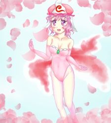 1girl breasts cherry_blossoms cleavage cosplay creatures_(company) game_freak gen_1_pokemon goldeen goldeen_(cosplay) hat leotard misty_(pokemon) misty_(pokemon)_(cosplay) nintendo pink_hair pink_headwear pink_leotard pokemon pokemon_(anime) pokemon_(classic_anime) pokemon_ep043 saigyouji_yuyuko touhou