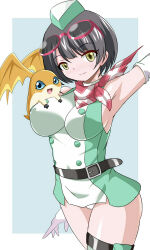 Rule 34 | belt, breasts, digimon, digimon story: time stranger, glasses on head, heigani, looking at viewer, miniskirt, panties, patamon, scarf, skirt, tight clothes, underwear, yuuki kanan