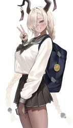 1girl absurdres alternate_costume azur_lane bag black_bag black_bow black_bowtie black_horns black_nails black_sailor_collar black_shirt black_skirt blush bow bowtie braid breasts brown_eyes commentary_request cowboy_shot crop_top cropped_shirt dark-skinned_female dark_skin fingernails grey_hair hair_intakes hair_over_one_eye hand_up highres holding holding_phone horns huge_horns large_breasts long_hair long_sleeves looking_at_viewer low_twin_braids nail_polish num_s1x owari_(azur_lane) phone pleated_skirt sailor_collar school_bag school_uniform see-through_silhouette shirt simple_background skirt smile solo thighs twin_braids v very_long_hair white_background