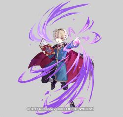 1boy aged_down attack bishounen black_cape blonde_hair book brown_eyes cape casting_spell copyright_notice fire_emblem fire_emblem_fates fire_emblem_heroes grey_background holding holding_book leo_(fire_emblem_fates) leo_(young_sprout)_(fire_emblem_fates) magic male_focus multicolored_cape nintendo official_art open_book open_mouth red_cape simple_background socks solo tiara tobi_(kotetsu) v-shaped_eyebrows white_socks