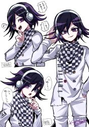Rule 34 | 1boy, absurdres, buttons, checkered clothes, checkered scarf, commentary request, cropped torso, danganronpa (series), danganronpa v3: killing harmony, finger to own chin, flipped hair, from side, hair between eyes, hand in pocket, hand on headphones, hand on own chin, headphones, highres, kujira pyon ka, long sleeves, looking at viewer, male focus, medium hair, multicolored buttons, musical note, oma kokichi, open mouth, pants, purple eyes, purple hair, ringed eyes, scarf, signature, simple background, smile, smirk, speech bubble, spoken musical note, thigh strap, translation request, twitter username, two-tone scarf, white background