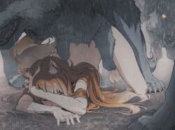 1girl animal_ear_fluff animal_ears barefoot bestiality brown_hair butterchalk censored clenched_teeth closed_eyes commentary completely_nude crying cum cum_in_pussy dirty doggystyle english_commentary fingernails hair_flowing_over hair_spread_out hetero holo long_hair multicolored_hair nude outdoors rain rape revision sex sex_from_behind spice_and_wolf straight_hair tail teeth top-down_bottom-up two-tone_hair very_long_hair white_hair wolf wolf_ears wolf_girl wolf_tail