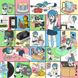 1girl :o album_cover ankle_socks arawi_keiichi bag battery bed black_cat blue_bag blue_eyes blue_hair blue_sailor_collar blue_skirt book book_stack bookshelf boombox bottle bowl brown_dog bush camera cassette_tape cat cd cd_case cd_player chabudai_(table) chair charm_(object) chopsticks clock closed_eyes closed_mouth collage colorful colorful_background computer computer_keyboard computer_tower controller cover crt crying cup cup_ramen cushion daruma_doll desk desk_lamp digital_camera dj_kazu dogeza eraser game_console game_controller hand_on_headphones hands_on_headphones hands_on_own_knees headphones highres holding holding_book holding_camera holding_chopsticks holding_controller holding_game_controller holding_pen knees_to_chest knees_up lamp laptop listening_to_music looking_down looking_up lying magical_girl monitor mug multiple_views neckerchief no_shoes office_chair open_book original pen pencil pencil_case phonograph pile_of_books pillow pink_sweater playing_games poster_(object) radio red_neckerchief rubber_duck sailor_collar school_bag school_uniform seiza serafuku shirt short_hair shoulder_bag sidelocks sitting skirt sleeping sleeping_animal smile socks standing sticker stone_wall studying summer_uniform surprised sweater swivel_chair table taking_picture trash_can treasure_chest turntable typing vinyl_record walkman wall_clock water_bottle white_cat white_rabbit_(animal) white_shirt white_socks zabuton
