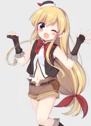 Rule 34 | 00s, 1girl, ;d, bad id, bad pixiv id, black gloves, blonde hair, female focus, fingerless gloves, gloves, hair ornament, hair ribbon, hat, kobeni hijiko, kzom, lisa (seiken no blacksmith), long hair, low-tied long hair, navel, one eye closed, open mouth, pointy ears, purple eyes, ribbon, seiken no blacksmith, shorts, smile, solo, very long hair, waving