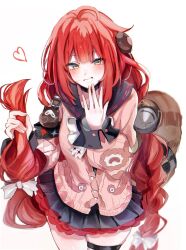 1girl animal_on_back black_choker black_sailor_collar black_skirt bow bowtie cardigan chest_bow choker cowboy_shot green_eyes hand_in_own_hair highres long_hair looking_at_viewer pink_cardigan red_hair sailor_collar school_uniform skirt smile thigh_strap twintails ukinami_yuzuha user_mhcn8783 white_background white_bow white_bowtie zenless_zone_zero