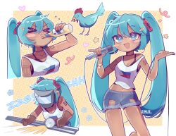 1girl aqua_eyes aqua_hair arm_tattoo bird black_bra blue_shorts blush_stickers bottle bra brown_gloves closed_eyes drinking gloves hair_ornament hairclip hatsune_miku highres leyalee2 long_hair microphone midriff multiple_views navel philippine_flag print_tank_top shorts tank_top tattoo twintails underwear very_long_hair vocaloid welding_mask white_tank_top worldwide_miku
