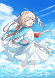 1girl :d ^_^ ahoge ascot atri atri-my_dear_moments- black_ribbon blue_eyes blue_sailor_collar blush closed_eyes cloud commentary contrail day dress facing_viewer floating_clothes floating_hair from_side hair_between_eyes hair_intakes hair_ribbon happy highres light_brown_hair long_hair long_sleeves nowa2109 ocean open_mouth outdoors outstretched_arms outstretched_hand red_ascot ribbon sailor_collar sailor_dress smile soaking_feet solo teeth two_side_up upper_teeth_only very_long_hair water water_drop white_dress wide_sleeves