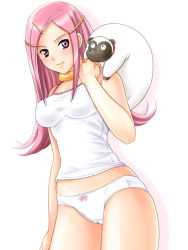 00s 1girl anemone_(eureka_seven) bow bow_panties breasts camisole covered_erect_nipples eureka_seven eureka_seven_(series) female_focus gulliver_(eureka_seven) impossible_clothes impossible_shirt long_hair panties pink_hair purple_eyes shirt solo underwear white_panties yumeno_naka