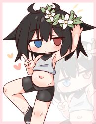 Rule 34 | 1girl, arm up, bare arms, bare shoulders, bike shorts, black hair, black shoes, black shorts, blue eyes, blush, border, chibi, closed mouth, crop top, empty eyes, flower, hair between eyes, hair flower, hair ornament, hana kazari, heart, heterochromia, highres, jitome, multiple views, navel, original, pink border, red eyes, shoes, shorts, v, white background, white flower, zoom layer