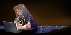 10s 1girl bed_sheet blanket blue_eyes brown_eyes cat club3 computer cover glasses indian_style laptop morgana_(cat)_(persona_5) morgana_(persona_5) orange_hair persona persona_5 sakura_futaba shirt sitting sitting_on_lap sitting_on_person smile star_(symbol) star_print striped_clothes striped_shirt