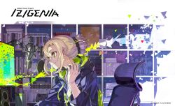 1girl artist_name blonde_hair book bunbun chair closed_mouth commentary copyright_name copyright_notice english_commentary green_eyes highres hood hoodie izigenia looking_at_object microphone monitor official_art second-party_source shelf sidelocks smile solo speaker triangle