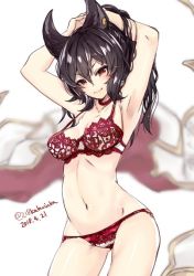 218 animal_ears armpits arms_up black_hair bra breasts erune granblue_fantasy ilsa34660285 long_hair medium_breasts panties red_bra red_panties solo underwear