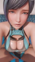 1boy 1girl 3d animated black_hair blue_eyes blue_hair breasts cleavage cum dead_or_alive dead_or_alive_xtreme dead_or_alive_xtreme_venus_vacation earrings ejaculation highres jewelry kiss lazyprocrastinator looking_at_viewer multicolored_hair outdoors pov reika_(doa) sex streaked_hair swimming_goggles swimsuit tagme vaginal video