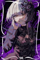 1girl black_bow black_dress black_flower black_hair black_nails bow breasts bunvelite cleavage commentary cross-laced_clothes cross-laced_dress dress english_commentary flower grey_hair hair_flower hair_ornament hand_up highres hololive hololive_english jewelry long_hair looking_at_viewer multicolored_hair ring shiori_novella solo teeth two-tone_hair virtual_youtuber yellow_eyes
