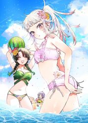 3girls bikini black_eyes black_hair blue_sky blush braid breasts cloud cloudy_sky commentary day drinking flower food fruit hair_flower hair_ornament harekawa_shinta highres holding long_hair looking_at_viewer momose_akira_(hatsukoi) momose_akira_no_hatsukoi_hatan_chuu. multiple_girls ocean official_art open_mouth outdoors ponytail purple_eyes purple_hair short_hair sky smile summer swim_ring swimsuit twin_braids water watermelon waves