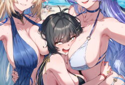3girls armpits bare_shoulders beach between_breasts black_hair blish blonde_hair breast_press breast_smother breasts breasts_focus cantarella_(wuthering_waves) day face_to_breasts faceless female_pervert fleurdelys_(wuthering_waves) hug huge_breasts long_hair multiple_girls o-ring open_mouth pervert pointy_ears purple_hair raaivault rover_(wuthering_waves) saliva sand sandwiched selfie smie smile sweat swimsuit waist_grab wuthering_waves yellow_eyes yuri