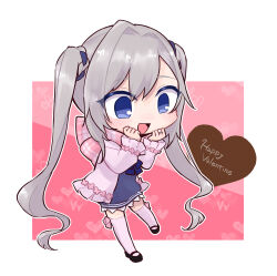 1girl alternate_costume black_shoes blue_bow blue_bowtie blue_dress blue_eyes blue_ribbon bow bow_legwear bowtie character_request check_character chibi clenched_hands dress eyelashes eyes_visible_through_hair flower frilled_jacket frills grey_hair hair_between_eyes hair_ribbon happy happy_valentine heart heart_background highres jacket jewelry lace lace-trimmed_dress lace_trim long_hair magia_record:_mahou_shoujo_madoka_magica_gaiden mahou_shoujo_madoka_magica mary_janes open_clothes open_jacket open_mouth outline outside_border pink_background pink_flower pink_jacket pink_scarf pink_thighhighs plaid_clothes plaid_scarf ribbon ring sailor_dress scarf shoes short_dress smile solo tareme thighhighs tress_ribbon twintails twintails_with_braided_base two-tone_background ultimate_magnum valentine very_long_hair wavy_hair white_background white_outline yakumo_mikage