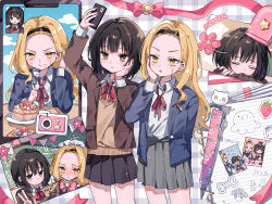 2girls aged_up bad_tag black_hair black_hairband black_skirt blazer blonde_hair blue_jacket brown_eyes brown_jacket brown_sweater cellphone collared_shirt commentary_request cowboy_shot cream cream_on_face division_sign eating flower food food_on_face forehead friends fruit furrowed_brow grey_skirt hair_between_eyes hair_flower hair_ornament hairband hand_on_own_cheek hand_on_own_face highres hiro_0607 holding holding_phone jacket kirarazaka_marina kuze_shizuka long_hair long_ribbon looking_at_object maid_headdress math medium_hair multiple_girls multiple_views notebook pancake pancake_stack pen phone photo_(object) pink_nails plaid_background pleated_skirt pout red_ribbon ribbon scar scar_on_face school_uniform selfie shirt skirt smartphone spiral_notebook strawberry strawberry_sticker sweater takopii takopii_no_genzai v whipped_cream white_shirt yellow_eyes