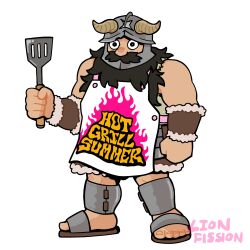 1boy apron arms_at_sides beard dungeon_meshi dwarf english_text expressionless facial_hair fake_horns full_body helmet highres holding holding_spatula horned_helmet horns lionfission long_beard looking_ahead male_focus mustache parody senshi_(dungeon_meshi) solo spatula standing thick_mustache very_long_beard