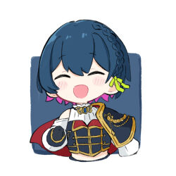 Rule 34 | 1girl, :d, ^ ^, black cape, black gloves, blue background, blue hair, blush stickers, braid, cape, chibi, closed eyes, commentary, crop top, cropped torso, detached sleeves, gloves, green ribbon, hair ribbon, long sleeves, midriff, multicolored hair, nijisanji, nozo (hitomiz), open mouth, pink hair, puffy long sleeves, puffy sleeves, ribbon, shirt, side cape, sleeveless, sleeveless shirt, smile, solo, two-tone background, two-tone hair, upper body, virtual youtuber, white background, white shirt, white sleeves, yamagami karuta