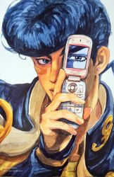 1boy anchor_symbol bandaid bandaid_on_face black_hair blue_eyes cellphone derivative_work diamond_wa_kudakenai earrings eyelashes flip_phone gakuran higashikata_josuke highres jewelry jojo_no_kimyou_na_bouken lips male_focus nose one_eye_covered phone pompadour realistic santamanymany school_uniform solo tan