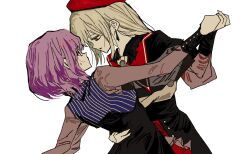 2girls amoris_(bang_dream!) bang_dream! bang_dream!_it&#039;s_mygo!!!!! beret black_capelet capelet dancing goguma_wagamja green_hair hat highres holding_hands long_hair long_sleeves mortis_(bang_dream!) mortis_(costume)_(bang_dream!) multiple_girls purple_hair red_hat short_hair simple_background sweater wakaba_mutsumi white_background yellow_eyes yuri yuutenji_nyamu