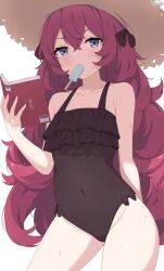 1girl absurdres arm_behind_back black_one-piece_swimsuit black_ribbon blue_archive blue_eyes blush book breasts covered_navel cowboy_shot eating enru food grey_eyes hair_between_eyes hair_ornament hat highres holding holding_book iroha_(blue_archive) loli long_hair looking_at_viewer one-piece_swimsuit popsicle red_hair ribbon simple_background small_breasts solo swimsuit wavy_hair