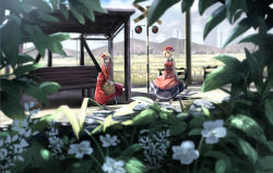 2girls aki_minoriko aki_shizuha basket bench blonde_hair cloud cloudy_sky daikon day field flower food fruit grapes hair_ornament hat leaf leaf_hair_ornament leaf_on_head long_sleeves maple_leaf mob_cap mountain multiple_girls open_mouth power_lines radish red_eyes ryosios scenery shirt siblings sisters skirt skirt_set sky smile touhou v_arms vegetable yellow_eyes