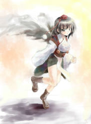 Rule 34 | 1girl, bird wings, blush, brown eyes, brown hair, detached sleeves, female focus, hat, highres, hokamichi, japanese clothes, kourindou tengu costume, long sleeves, looking at viewer, open mouth, shameimaru aya, short hair, simple background, solo, taji (crowview), tokin hat, touhou, wide sleeves, wings