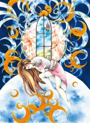Rule 34 | 1girl, alisa landeel, armor, breastplate, brown hair, cat, closed eyes, crescent, dress, floating, floating castle, frilled sleeves, frills, hairband, highres, kodama rieko, large ears, long hair, multiple tails, myau (phantasy star), official art, phantasy star, phantasy star i, pink dress, pink hairband, shoulder armor, smile, tail, two tails, whiskers, window