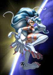 Rule 34 | 1girl, animal ear fluff, animal ears, animal feet, animal hands, anus, artist name, ass, bare shoulders, barefoot, big hair, blue background, blue hair, body fur, bottomless, breasts, cat ears, cat girl, cat tail, claws, cleft of venus, clenched hand, covered erect nipples, earth (planet), feet, felicia (darkstalkers), female focus, fighting stance, full body, green eyes, highres, leg up, legs, long hair, looking at viewer, medium breasts, monochrome, outline, pawpads, planet, pussy, revealing clothes, rockthebull, signature, solo, space, standing, standing on one leg, star (sky), sweat, tail, thighs, toes, two-tone background, uncensored, v-shaped eyebrows, darkstalkers, very long hair, white fur, white outline, yellow background