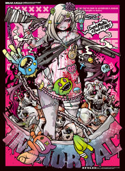 1girl bandages belt_chain blood bullet_hole chain colored_skin cracked_skull decora dress english_text engrish_text grey_skin gun highres holding holding_gun holding_weapon horror_(theme) lock monster multicolored_skin original padlock patchwork_skin profanity project.c.k. punk ranguage scar shotgun skeleton skull stitched_arm stitched_face stitched_mouth stitched_torso stitches thumb_ring torn_clothes torn_dress two-tone_skin undead weapon zombie zombification