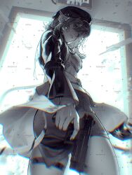 Rule 34 | 1girl, black jacket, doorway, from behind, gun, hat, hg6300605671947, highres, holding, holding gun, holding weapon, jacket, long sleeves, looking at viewer, looking back, nightingale (path to nowhere), path to nowhere, skirt, solo, standing, thigh strap, weapon