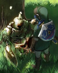 Rule 34 | armor, back, bone, boots, bracer, brown footwear, brown hair, bug, butterfly, chainmail, earrings, fingerless gloves, gauntlets, gloves, grass, green headwear, green tunic, helmet, hero&#039;s shade, highres, hylian shield, insect, jewelry, link, male focus, master sword, moss, nintendo, outdoors, pants, plant, sheath, sheathed, shield, shield on back, shirt, sitting, skeleton, the legend of zelda, the legend of zelda: twilight princess, tree, tunic, vines, weapon, weapon on back, white pants, white shirt, xuanmai alter